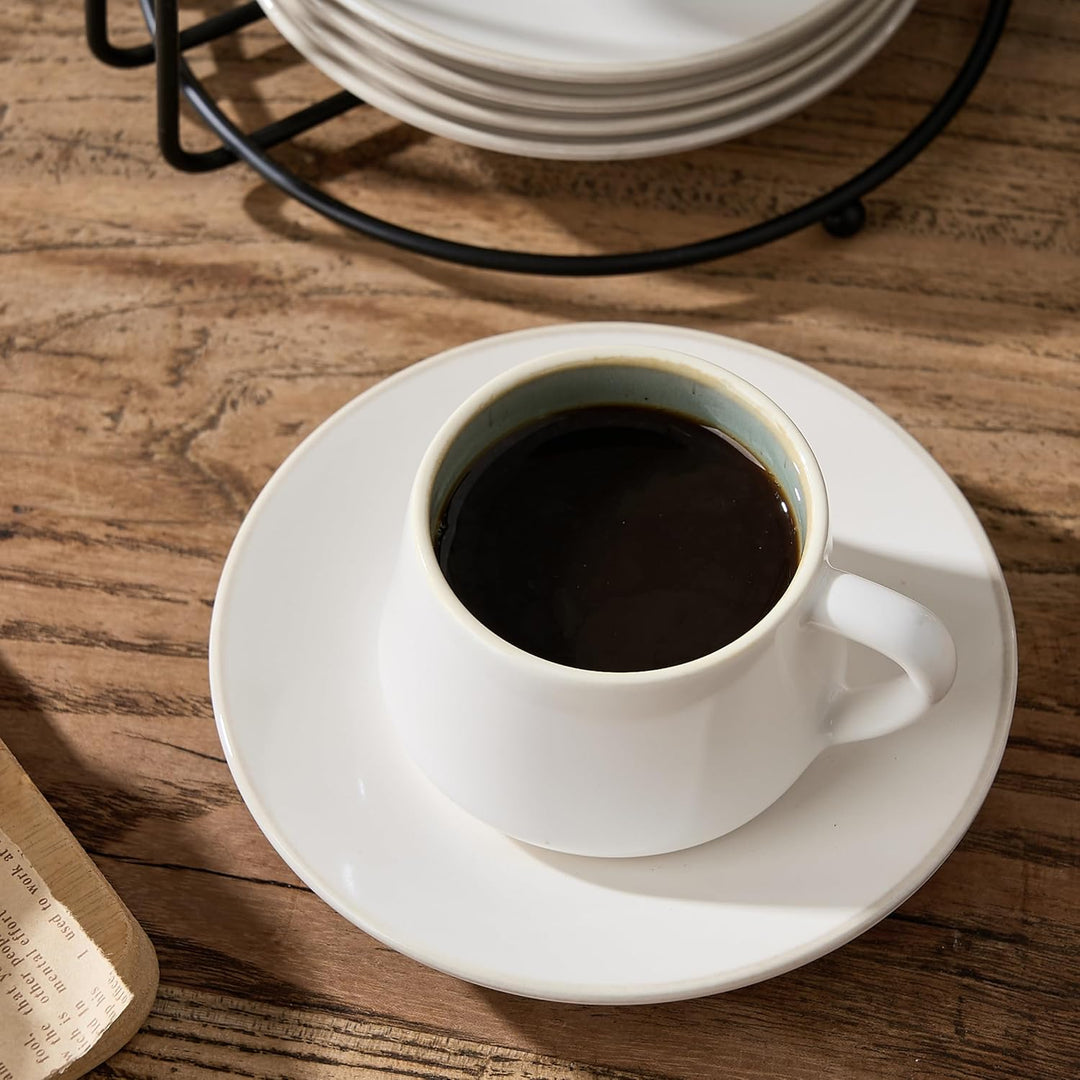 PORCER 6 x 130 ml (4,4 oz) Keramik-Kaffeetassen &amp; Untertassen mit schwarzem Metallständer, stapelbar