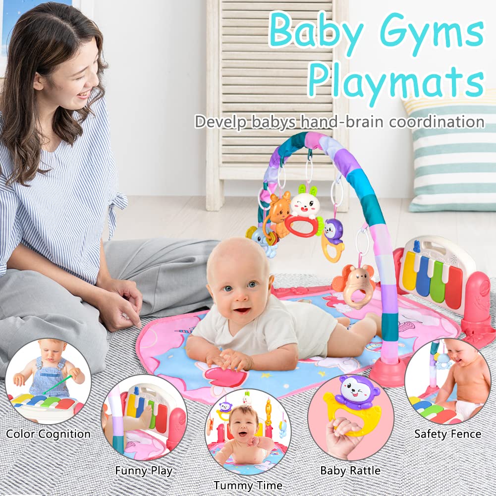 AOMIG Piano-Gym Spieldecke, Krabbeldecke mit Musik und Lichtern, Spielmatte mit Spielbogen abnehmbar