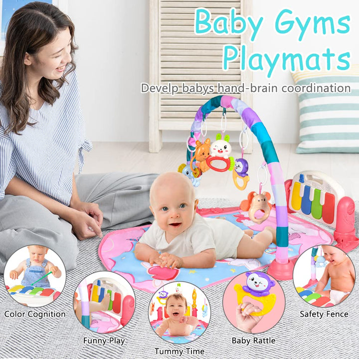 AOMIG Piano-Gym Spieldecke, Krabbeldecke mit Musik und Lichtern, Spielmatte mit Spielbogen abnehmbar