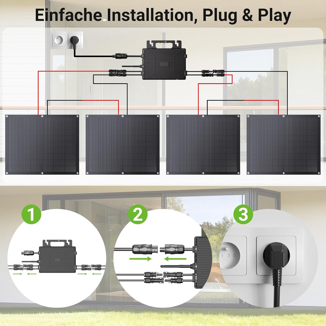 Balkonkraftwerk 800W Komplett mit Steckdose, 4x 200W Solarpanel Flexibel & Wechselrichter 800W, Plug