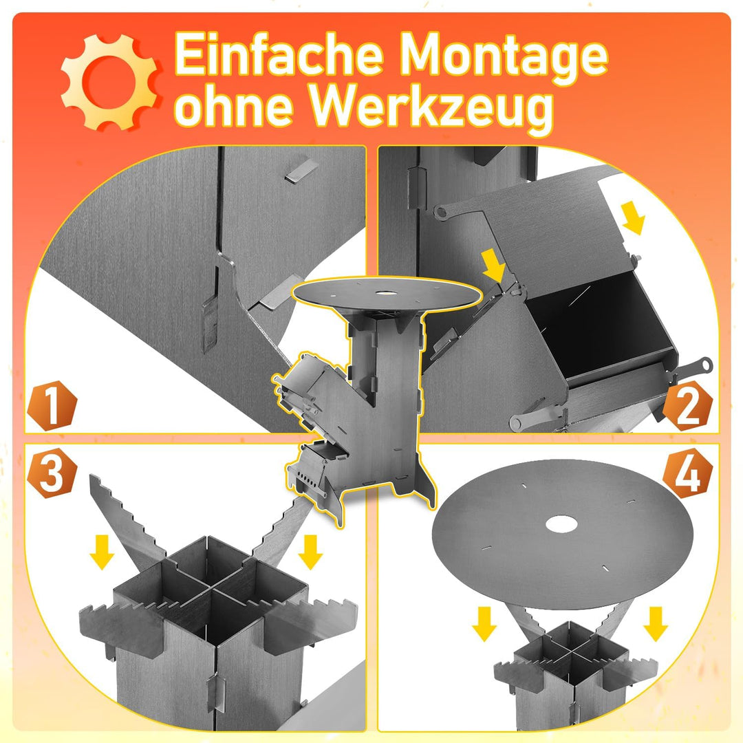 Raketenofen mit Grillplatte 50 cm, Rocket Stove aus 3 mm Stahl | Outdoor Holzofen für Camping &amp; BBQ,