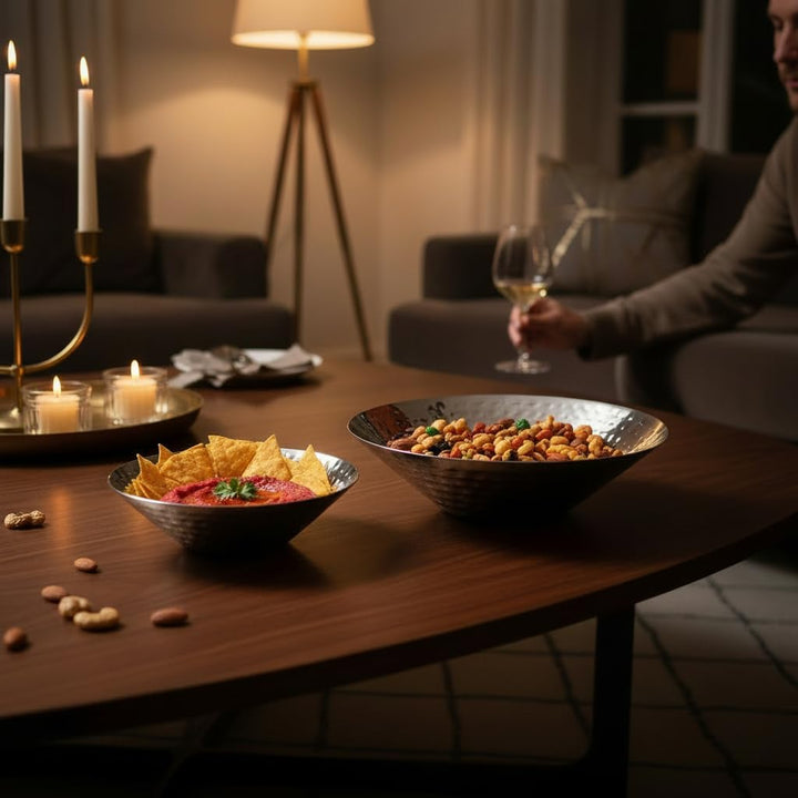 Capri & Milos | 4er Schalen-Set aus Edelstahl | Poliert & gehämmert | 2× Snackschale Ø 16 cm & 2× Se