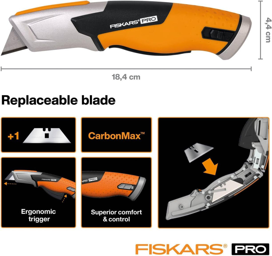 Fiskars Pro Sicherheits-Universalmesser mit einziehbarer Klinge, Länge 17,7 cm, Rostfreier Stahl/Kun