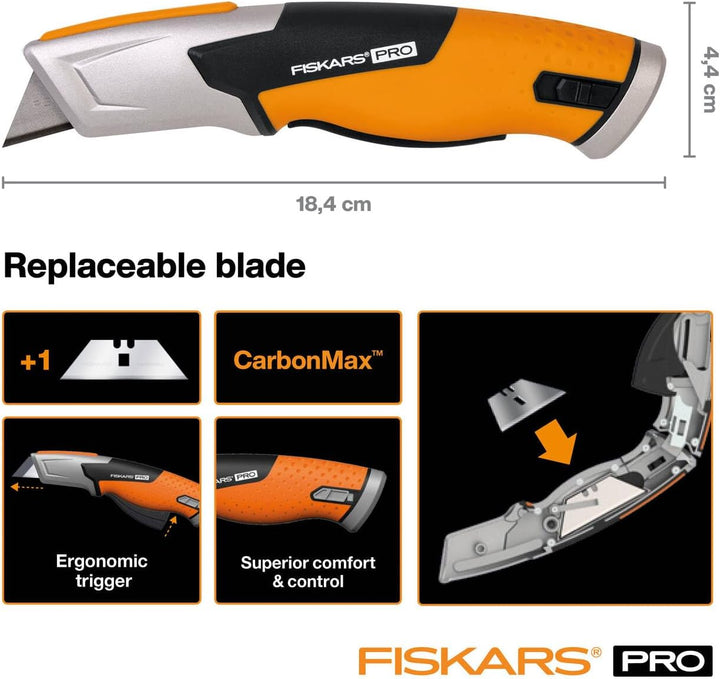 Fiskars Pro Sicherheits-Universalmesser mit einziehbarer Klinge, Länge 17,7 cm, Rostfreier Stahl/Kun