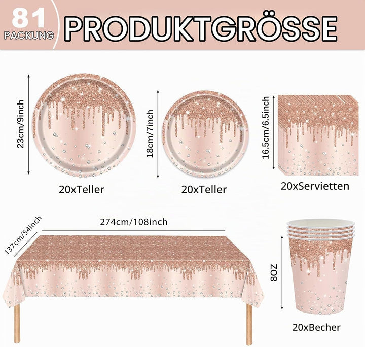 Roségold Partygeschirr,81 Stück Roségold Diamant Pappteller Set Pappteller, Pappbecher,Servietten un