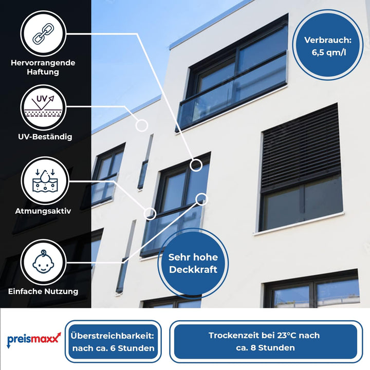 Preismaxx Silikonharz Fassadenfarbe, Weiss 10 Liter, hochwertige, matte, wasserabweisende Aussen-Dis