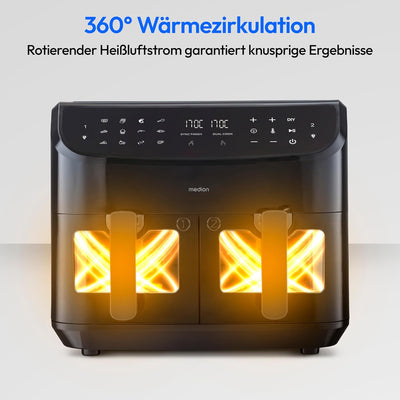 MEDION P20 XXL Heissluftfritteuse mit 2 Kammern (8,7 Liter, 2.600 Watt, Doppelkammer, 9 Automatikpro