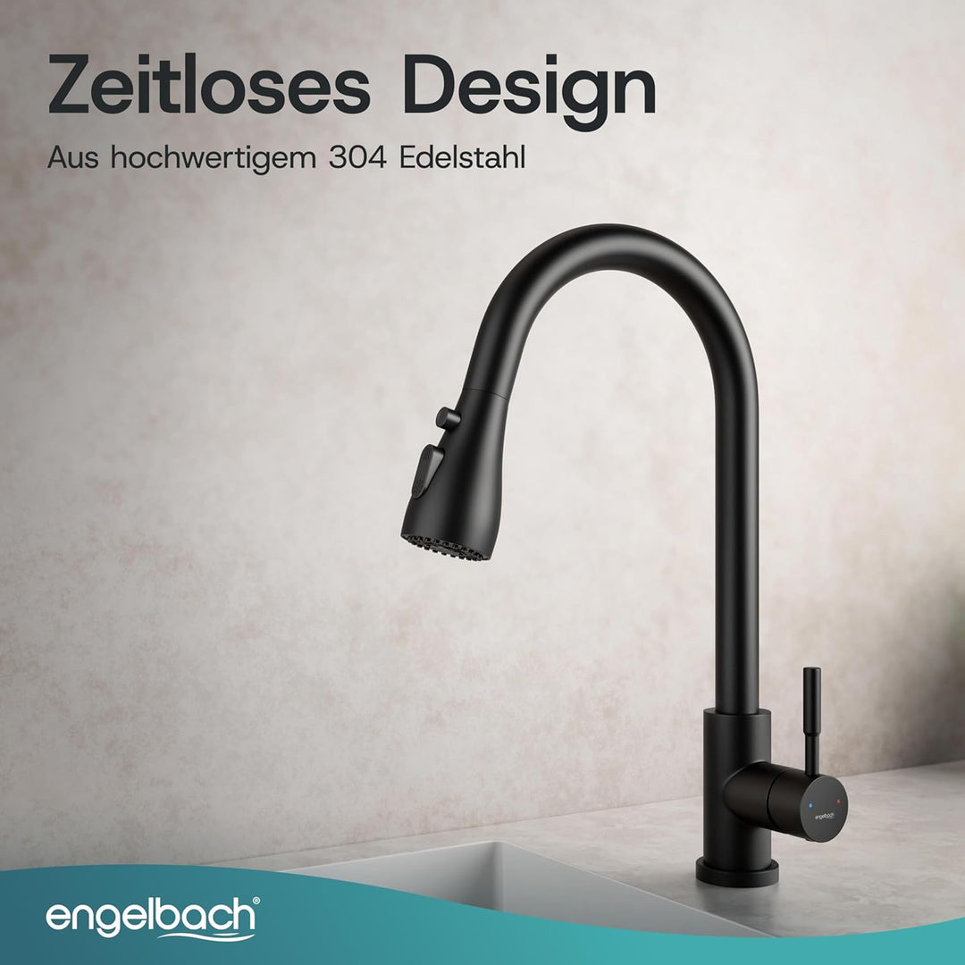 Engelbach® Wasserhahn Küche Schwarz - ausziehbar & 360 Grad schwenkbar für maximale Reichweite - 304