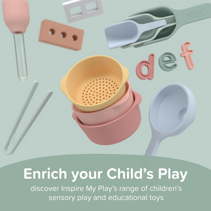 Inspire My Play – 3 x - Natur Stapelbare Silikonschalen und Sieb – Perfektes Zubehör für Sensory Pla