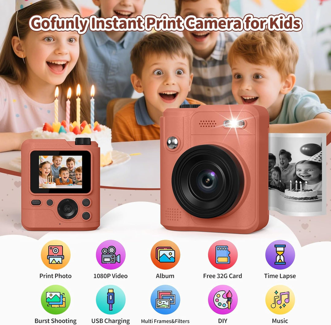 Gofunly Sofortbildkamera Kinder, 1080P HD Kinderkamera Sofortbildkamera mit 32GB Karte & DruckerPapi