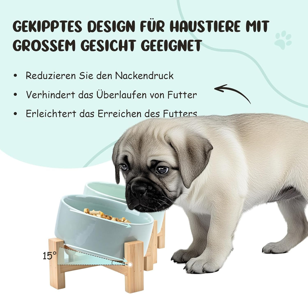 SPUNKYJUNKY 15° Kippbare Keramik Hundenapf mit Holzständer Futter und Wassernapf rutschfest für Hund