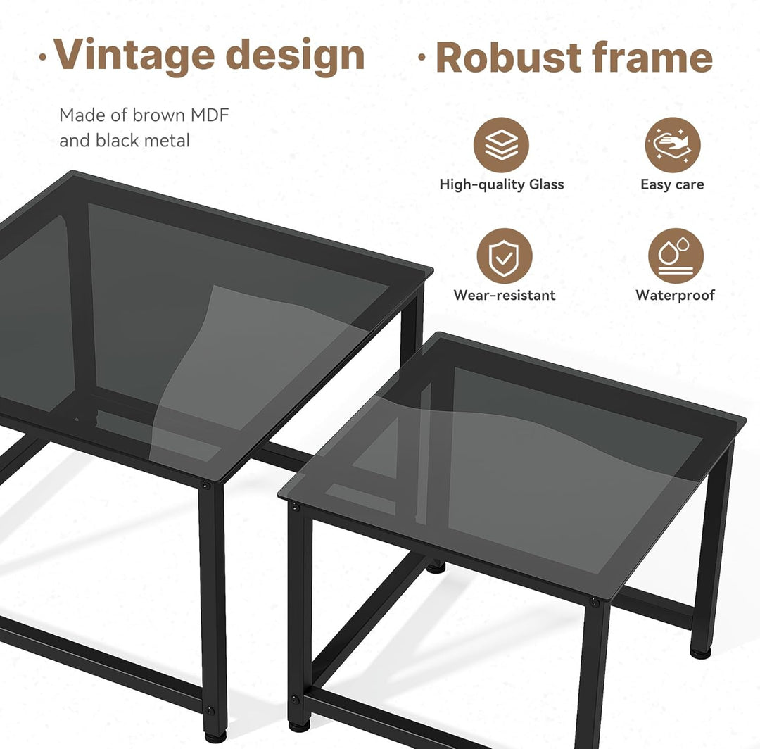 Hawthyhome 2 Stücke quadratisch Set, Couchtisch aus Glas mit Metallrahmen,Moderne Kaffeetische Satzt