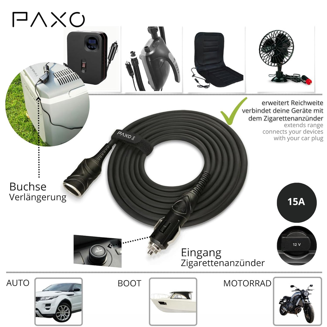 PAXO 5m KFZ Verlängerungskabel 12V, Verlängerung, 15A Sicherung, Vollgummileitung mit Stecker und Bu