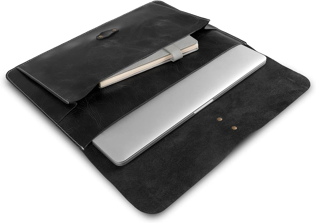 Londo Real Grain Leather MacBook Pro Case with Front Pocket & Flap Closure (Schwarz, 15-16 Zoll), OT