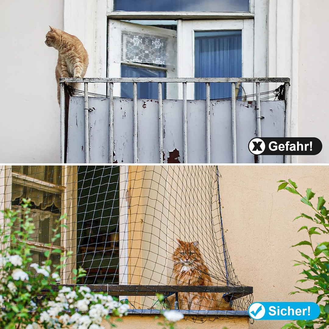 Aystkniet katzennetz für Balkon, 8 x 3 m Katzennetz Drahtverstärkt Schwarz mit 25M Befestigungsseil