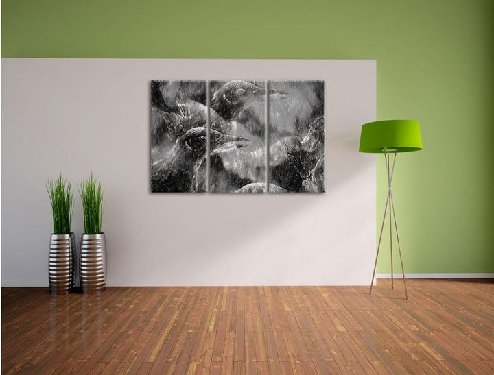 Pixxprint Vogel Phönix Collage Kunst / 3-Teilig/Gesamtmass 120cm Leinwandbild bespannt auf Holzrahme