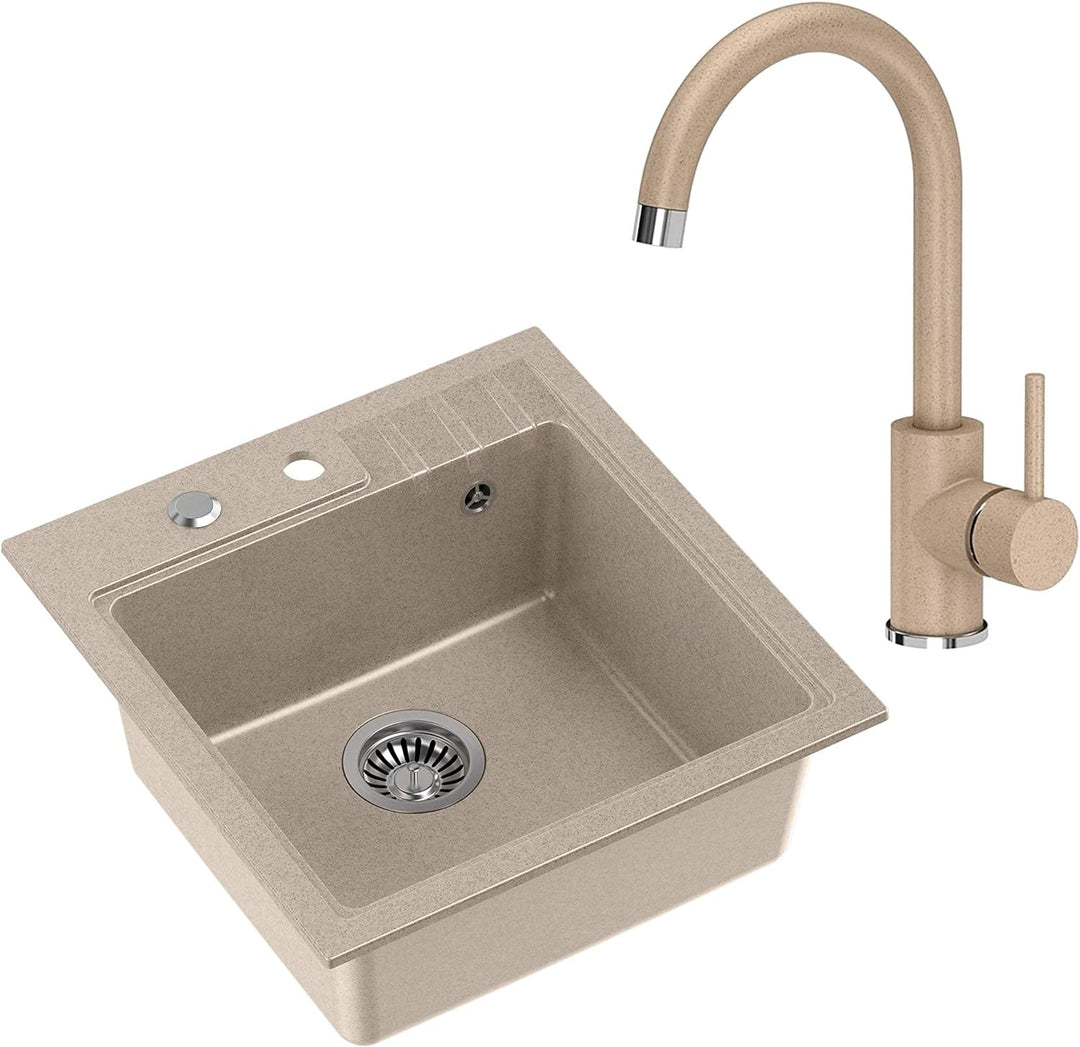 VBChome Spüle mit Armatur 52 x 50 cm Beige Tiefes Becken Küche Einbauspüle Verbundspüle Küchenspüle