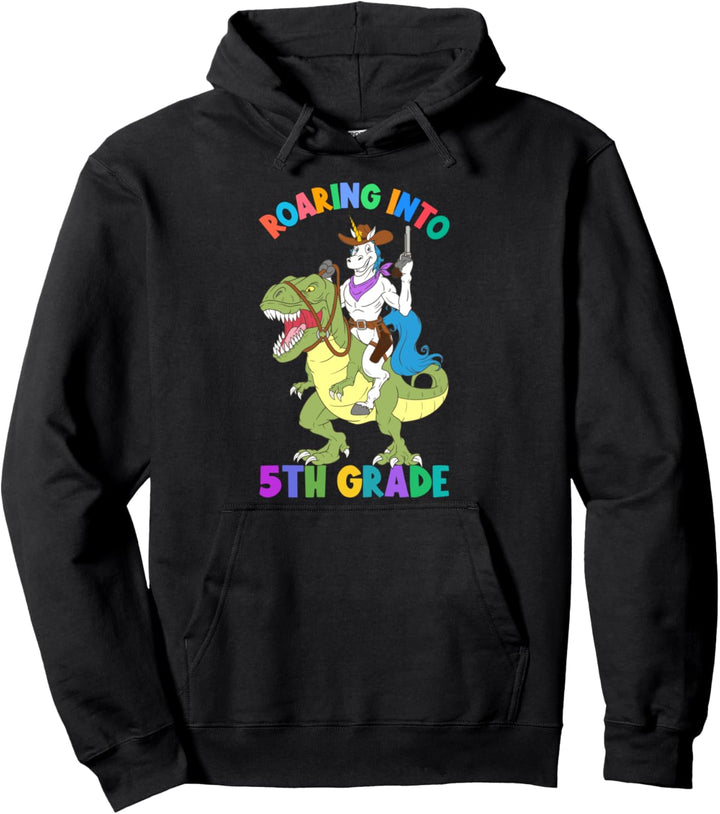 Roaring Into 5th Grade Unicorn Riding Dinosaurier Back School Pullover Hoodie