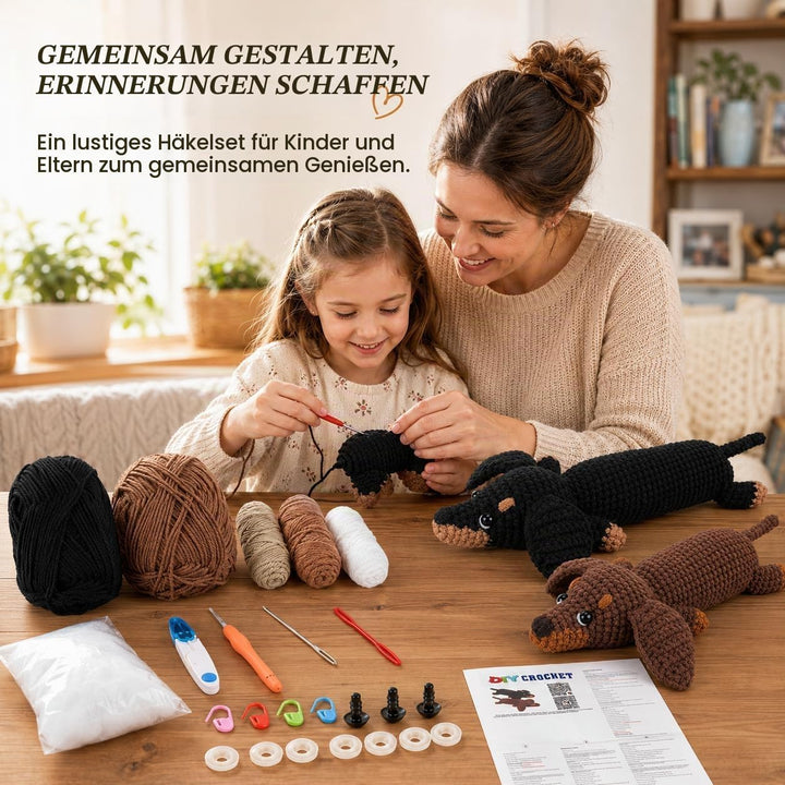 Houkiper Häkelset für Anfänger, Häckel Kit für Anfänger Tiere Häkeln Set Dackel Hund Crochet Set mit
