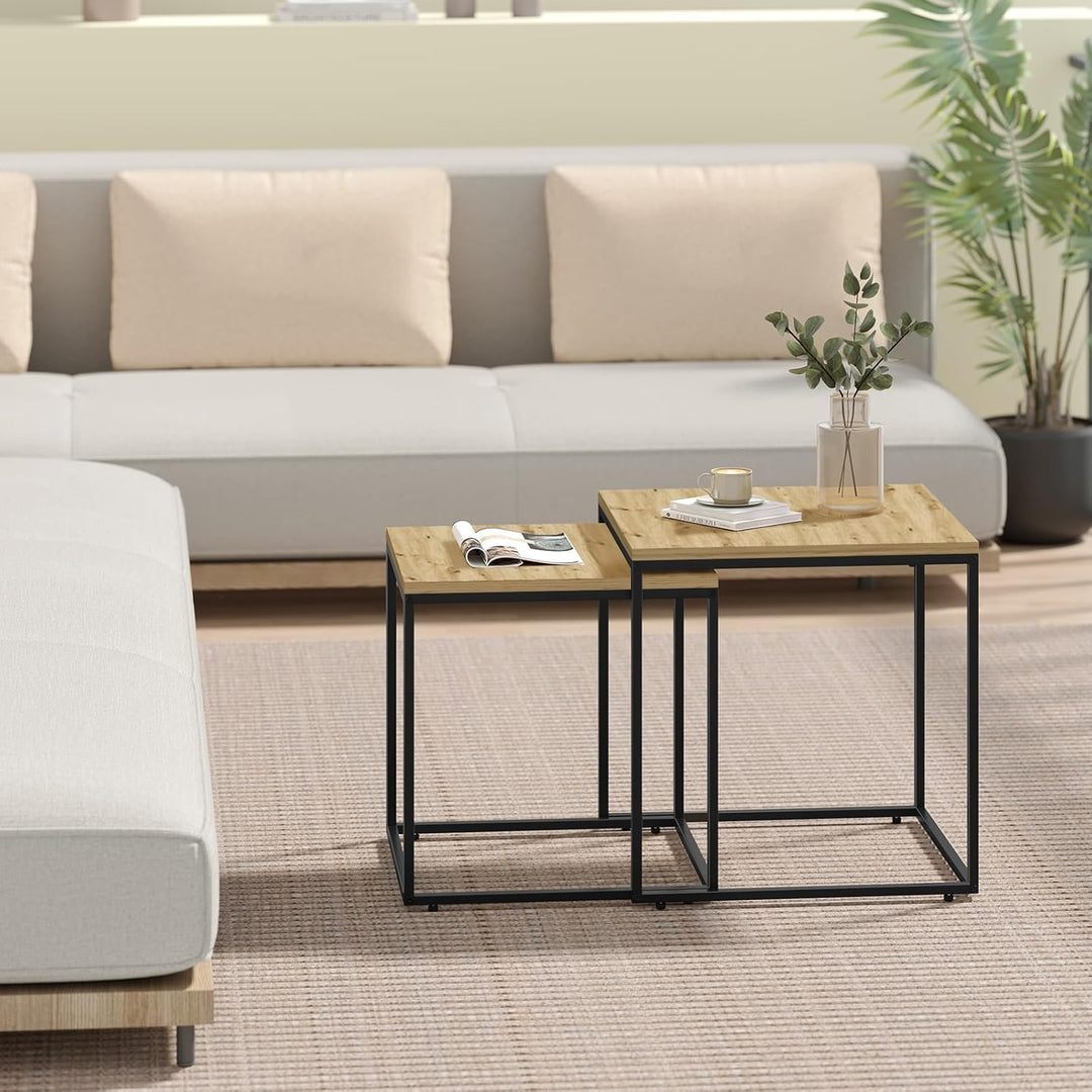 Couchtisch 50x50 cm, 2er Set quadratisch in Artisan-Eichenoptik, Schwarze Metallbeine, Industrial De