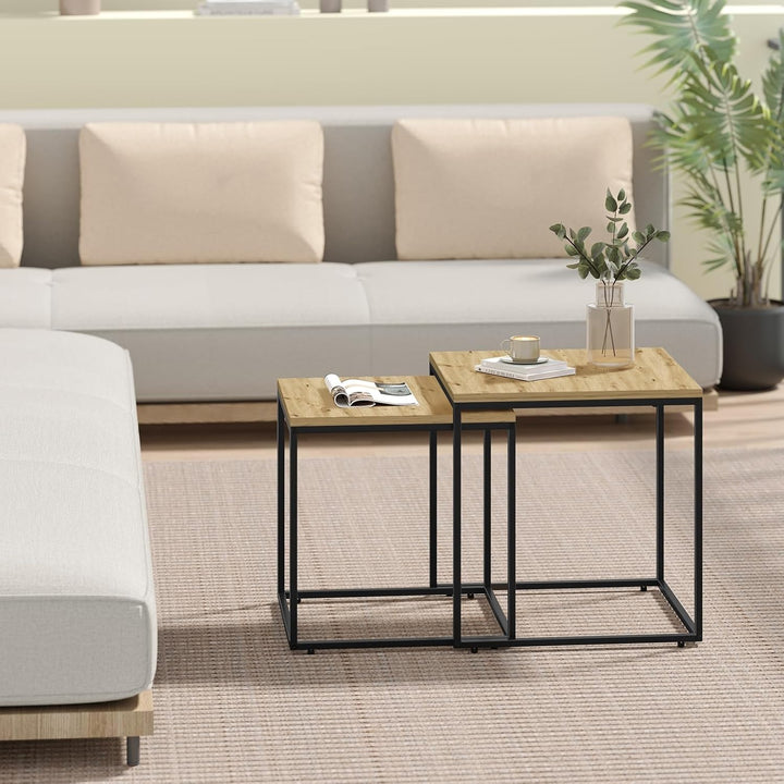 Couchtisch 50x50 cm, 2er Set quadratisch in Artisan-Eichenoptik, Schwarze Metallbeine, Industrial De