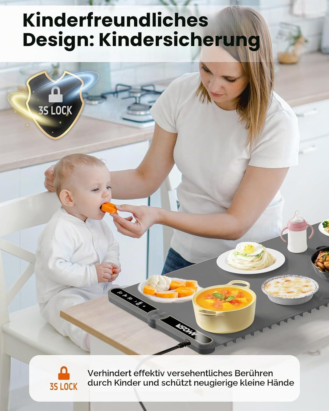 AMOSA Warmhaltematte für Speisen, Speisenwärmer mit 9 Einstellbaren Temperaturen &amp; 6-Stunden-Timer,