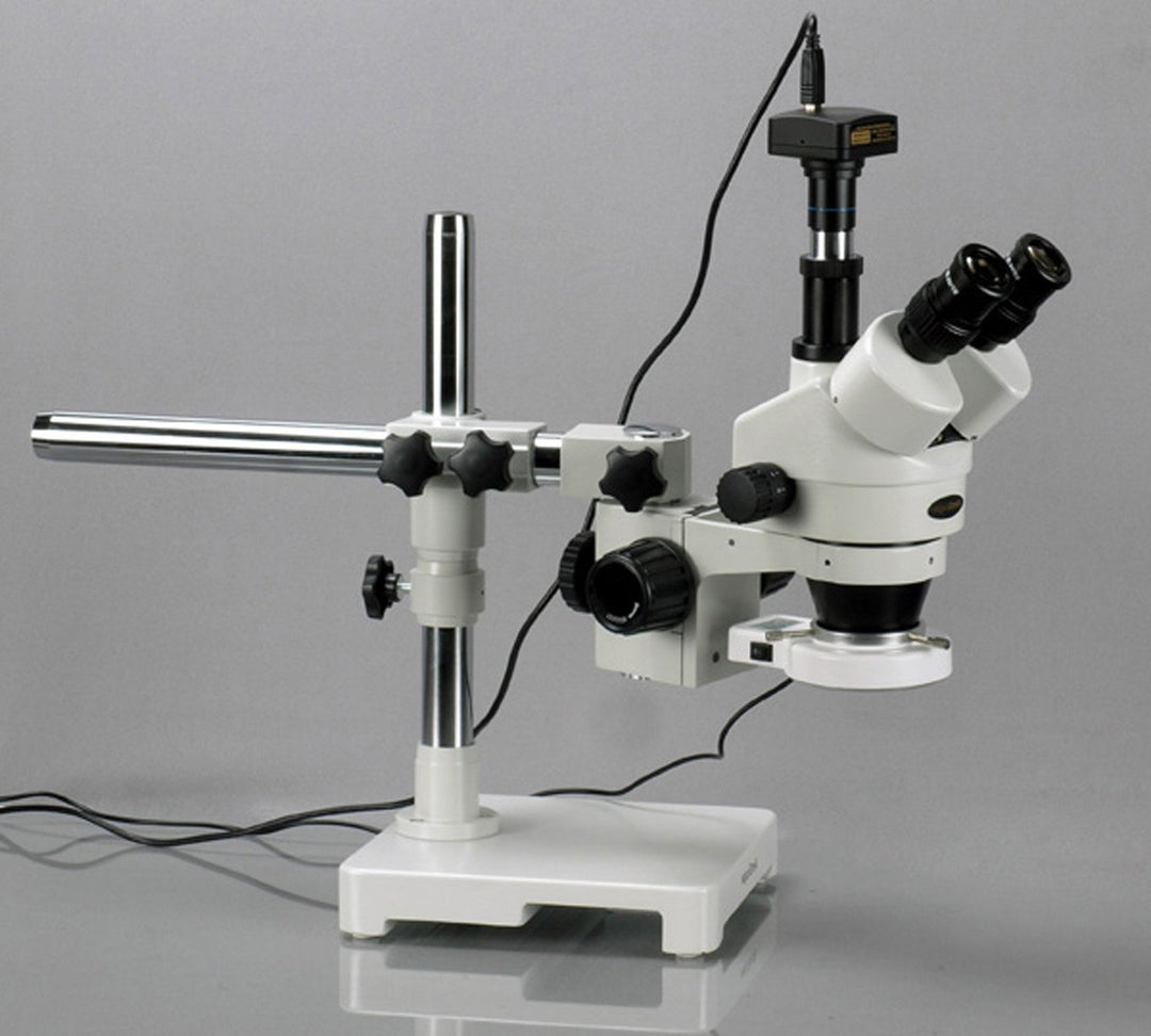 AmScope SM-3TZ-54S-5M Trinokulares LED Boom Ständer Stereomikroskop mit 5MP Kamera, 3.5X-90X, Weiss