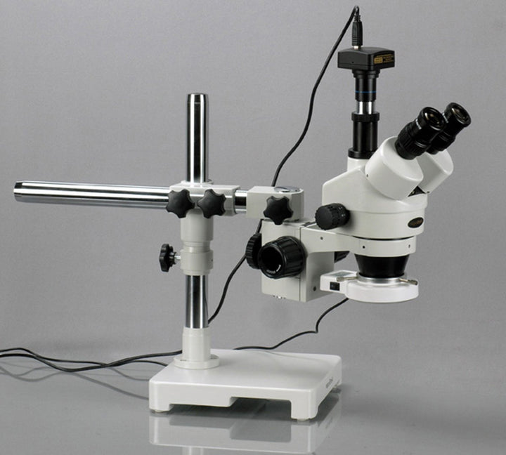 AmScope SM-3TZ-54S-5M Trinokulares LED Boom Ständer Stereomikroskop mit 5MP Kamera, 3.5X-90X, Weiss