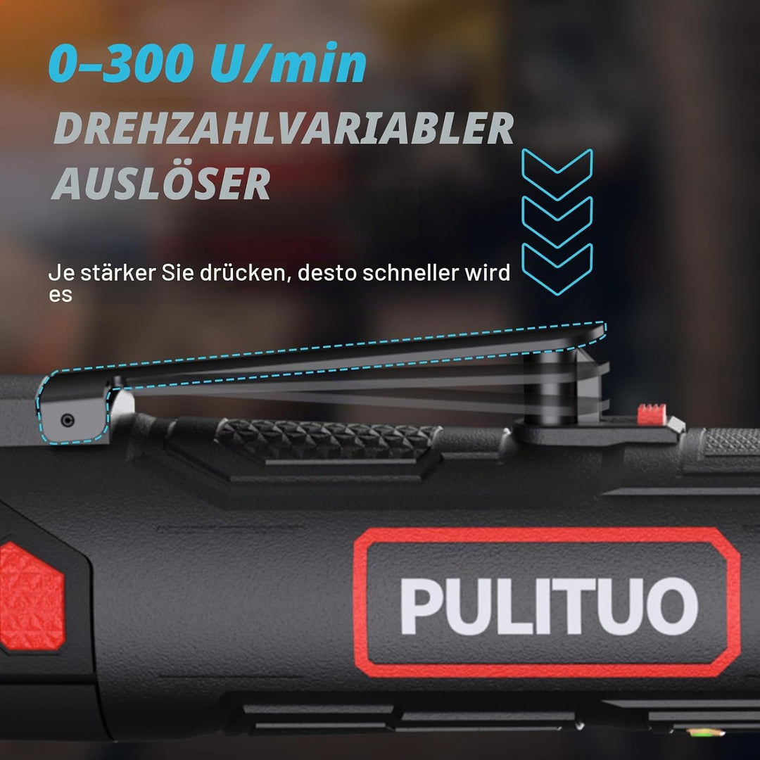 PULITUO Elektrische Ratschenschlüssel Set, 12V Akku Ratschenschlüssel 3/8" mit 2pcs 2000mAh Akkus un