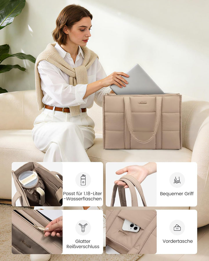 LOVEVOOK Laptop Handtasche Damen 15,6 Zoll, Gross Shopper Puffer Tasche Arbeitstasche Aktentasche, T