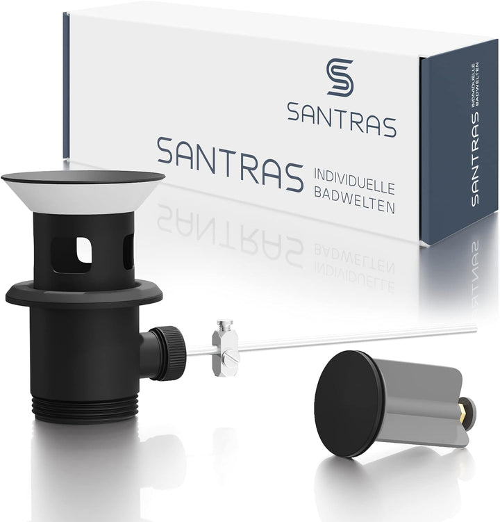 SANTRAS® Exzenter Ablaufgarnitur PREMIUM für Waschtisch mit Schutz vor Überlauf in Scharz Matt – Kom
