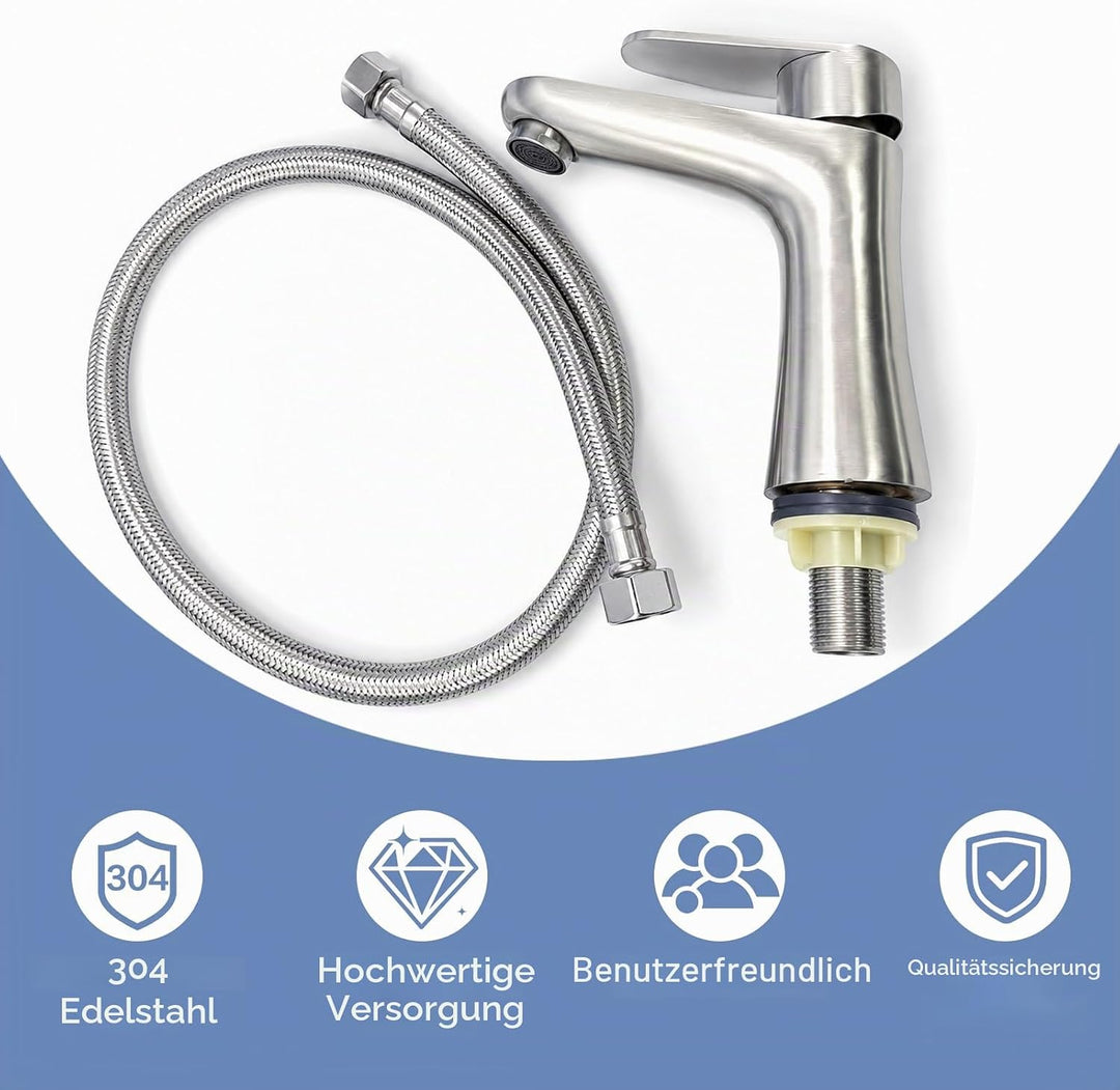 Wasserhahn Bad, Kaltwasserhahn Edelstahl Kaltwasserarmatur, mit 80cm Anschlussschlauch, Waschbeckena