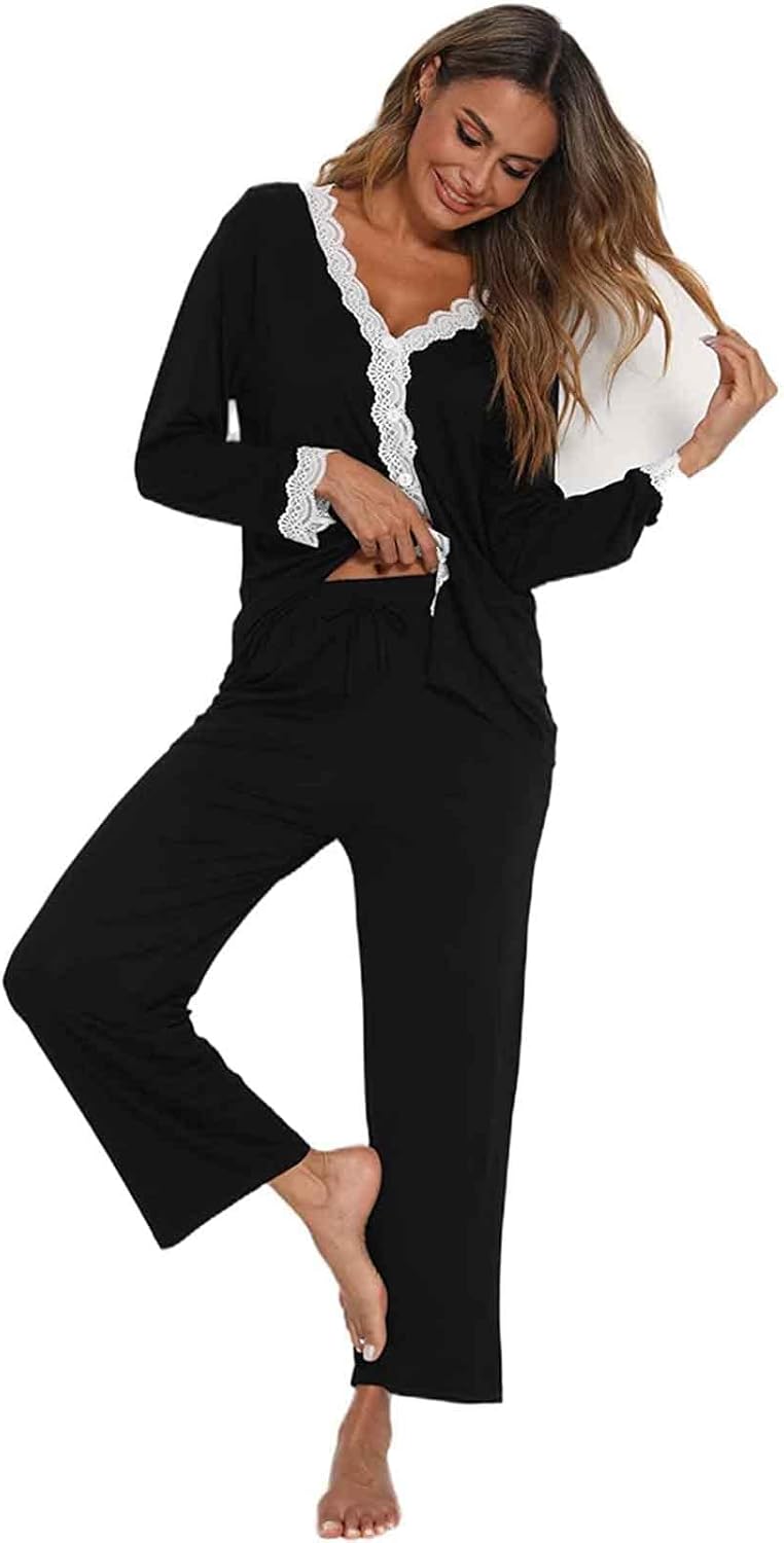 Jecarden Damen Schlafanzug mit Spitze Lang - Damen Pyjama Set Winter Langärmelig Nachtwäsche Zweitei