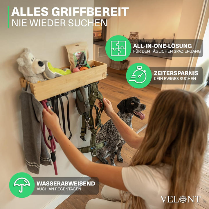 VELONT Hundegarderobe mit Ablage Personalisiert - Grösse XL - Perfekter Leinenparkplatz - Bambus - D