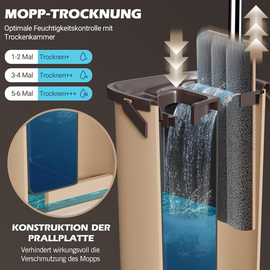 MASTERTOP Wischmopp Set mit Eimer, 138cm Flachmopp mit Edelstahlgriff und 6 Mikrofaser Moppkopf, Han