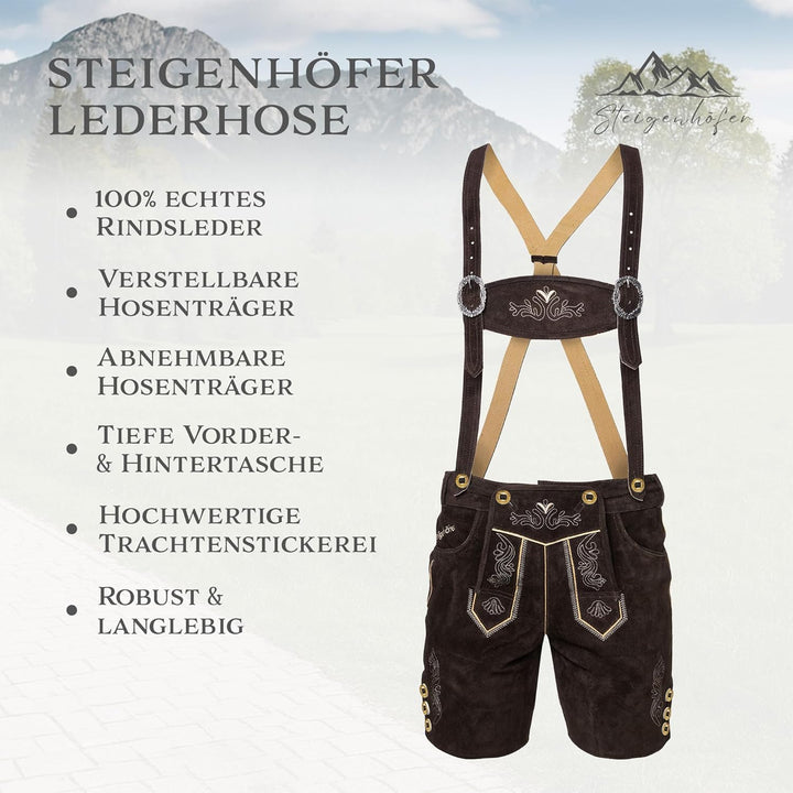 STEIGENHÖFER Lederhose Herren Tracht kurz - Anton - Trachtenhose mit Trägern - 100% Rindsleder - Tra