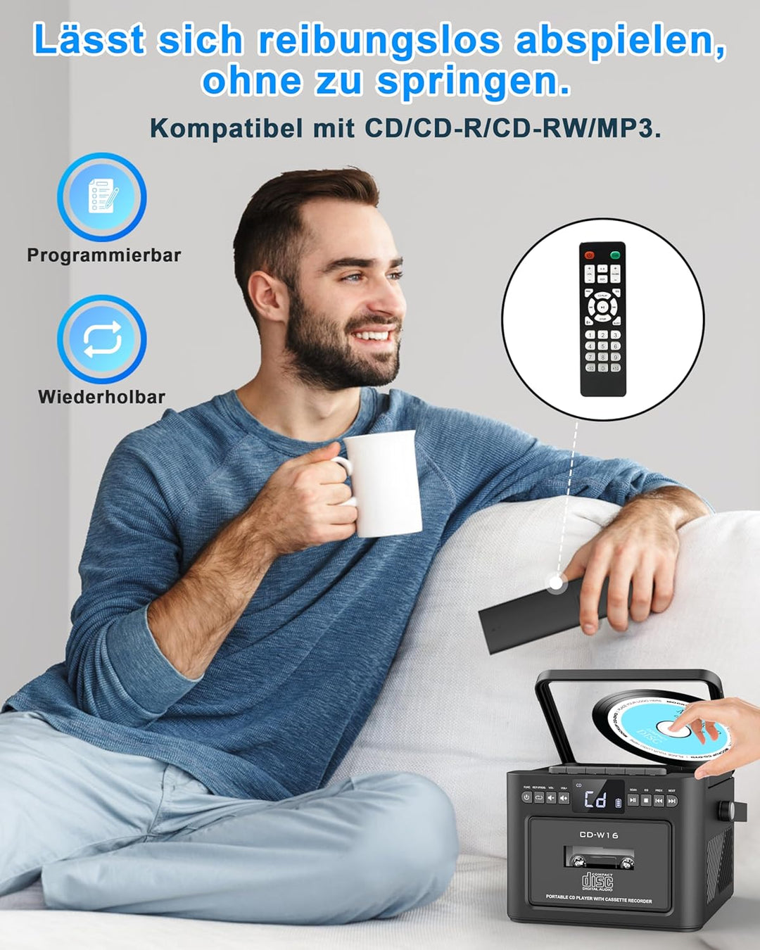 Greadio CD Player Tragbar, Boombox Kassettenspieler mit UKW Radio, Bluetooth 5.1, 5000mAh wiederaufl
