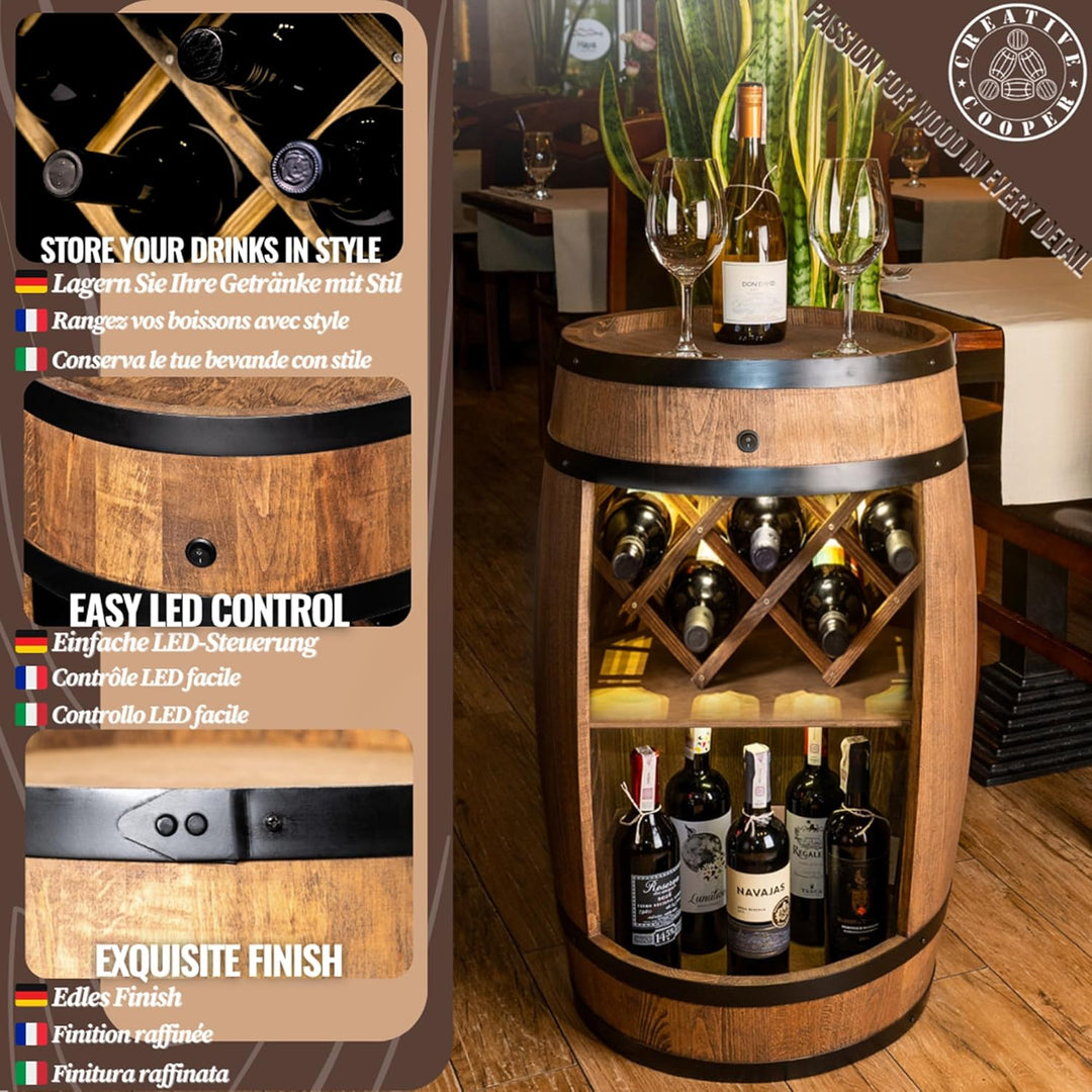CREATIVE COOPER Fass bar mit Weinhalter - Weinregal LED - Holzfass Hausbar 80x50cm - Rustikaler deko