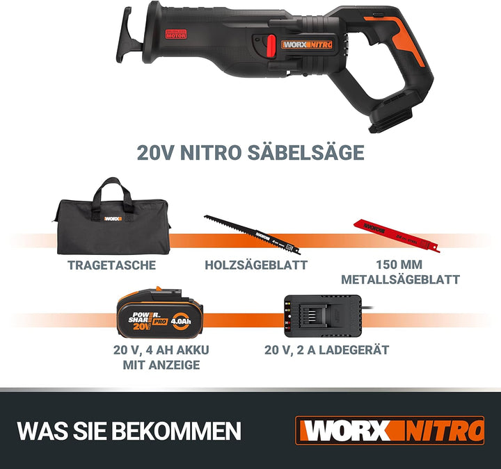 WORX WX516 Akku Säbelsäge 20V, bürstenloser Motor, mit 4000 mAh PowerShare Akku und Ladegerät, Schne