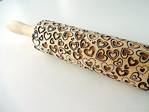 Nudelholz mit LIEBE HERZCHEN für Gebäck und Keramik. Gravierte Teigroller für DIY Küche, Teig & Plät