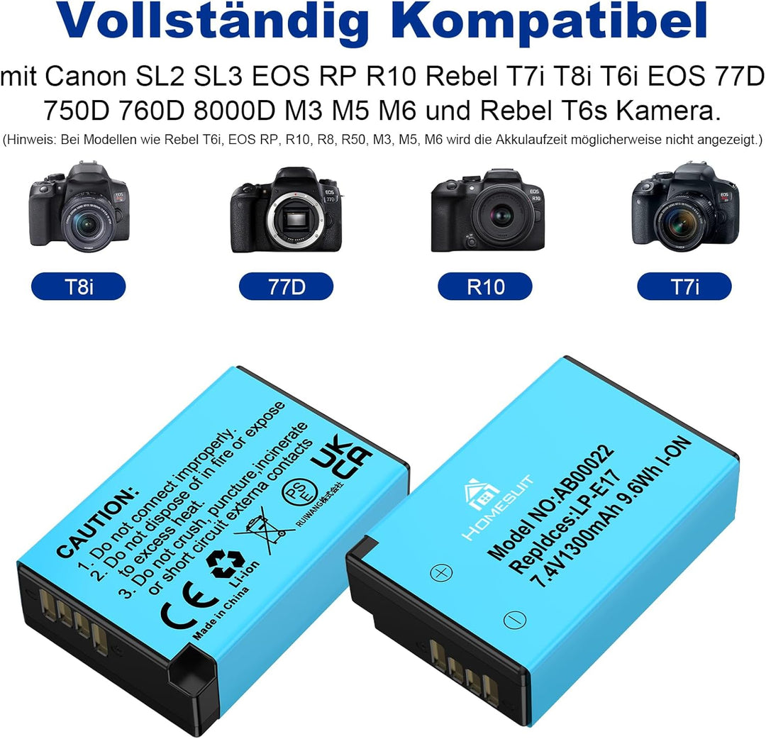 Homesuit 2er-Pack LP-E17 Akku und schnellem Dual USB-Ladegerät für Canon Rebel SL3, SL2, T8i, T7i, T