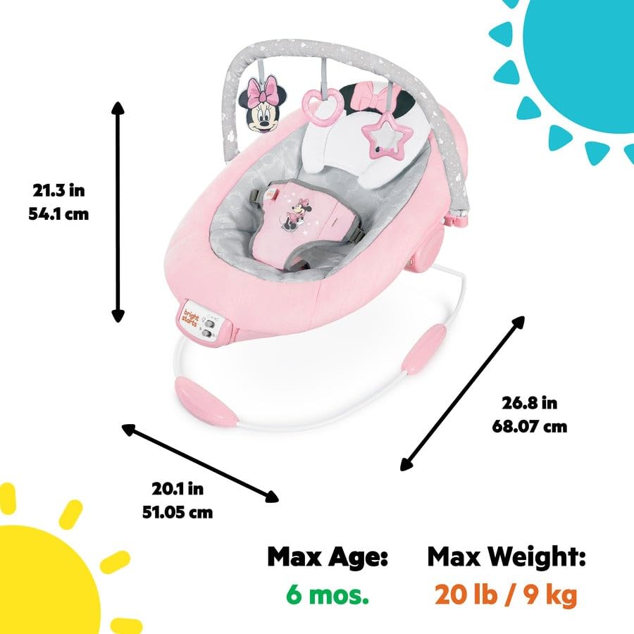Bright Starts, Disney Baby, Minnie Maus Rosy Skies Babywippe mit beruhigenden Vibrationen mit 7 Melo