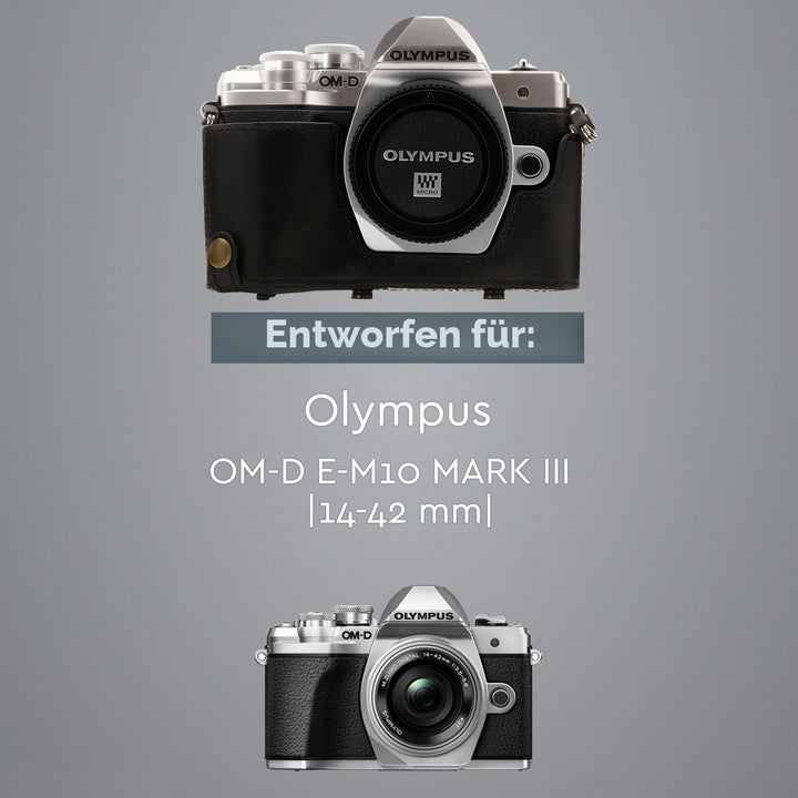 MegaGear Olympus OM-D E-M10 Mark III (14-42mm) Ever Ready Leder Kamera-Case mit Trageriemen und Batt
