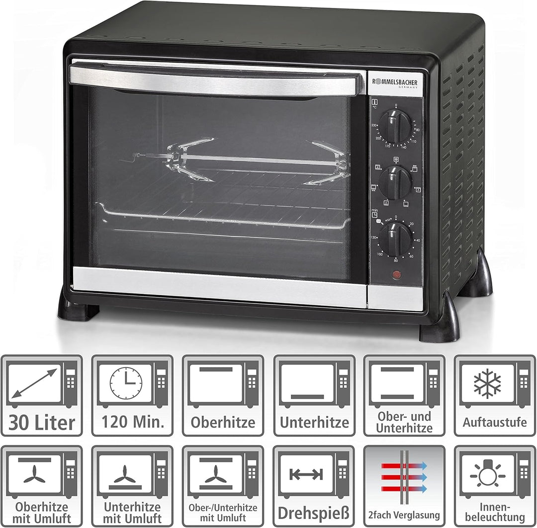 ROMMELSBACHER Back & Grill Ofen BG 1550 - 30 Liter Backraum, 7 Heizarten, Umluft, Drehspiess, Temper