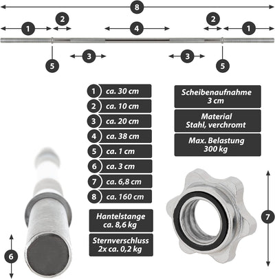 MAXXIVA Hantelstange 160 cm Langhantelstange Krafttraining Zugstange silber verchromt Sternverschlus