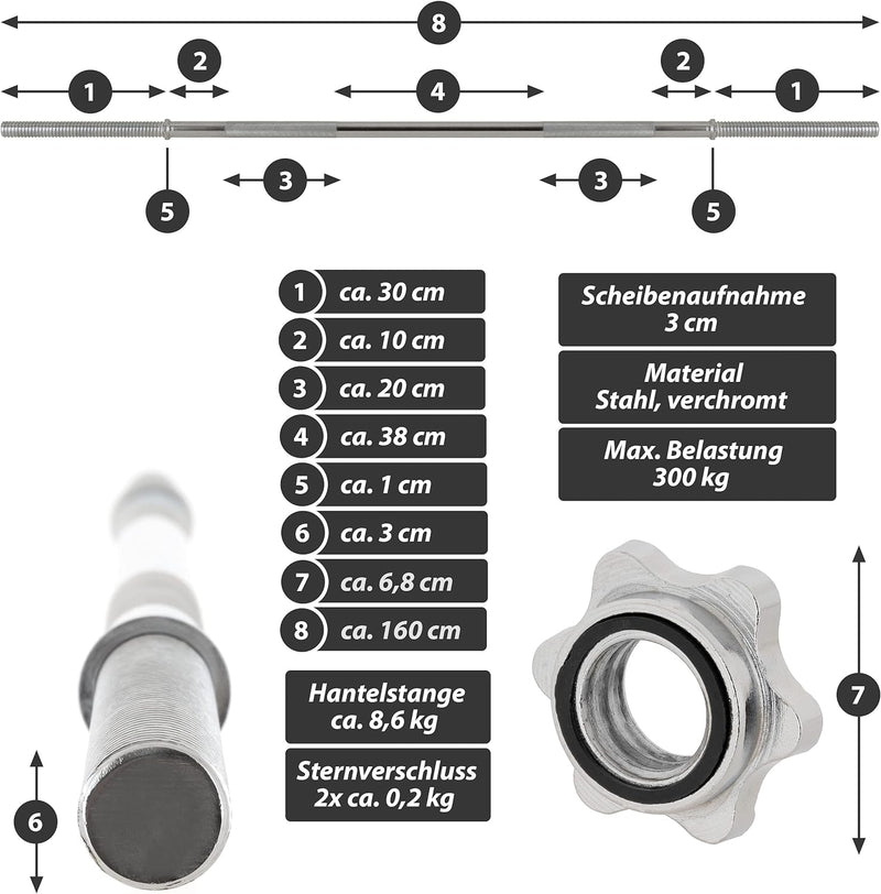 MAXXIVA Hantelstange 160 cm Langhantelstange Krafttraining Zugstange silber verchromt Sternverschlus