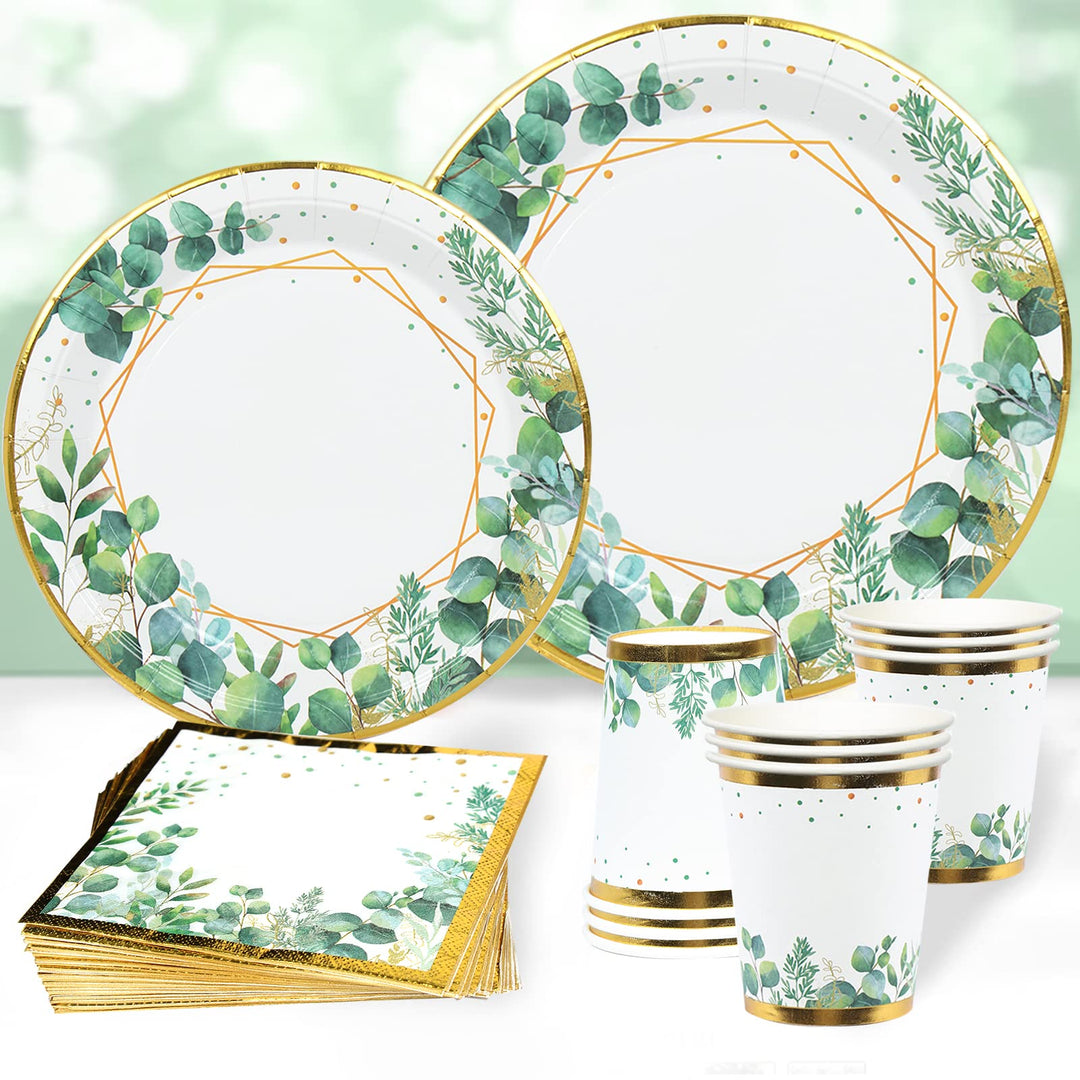 Grün Partygeschirr Set,96Pcs Green Gold Baby Shower Pappteller,Olive Grün Einwegteller Set mit Pappt