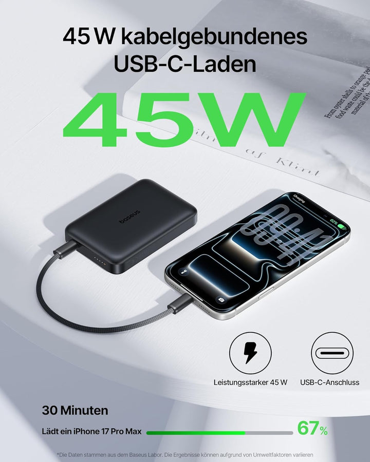 Baseus EnerFill FM21 Qi2.2 25W Magsafe Powerbank, 10000mAh Power Bank Magnetische, PD USB C 45W Schn