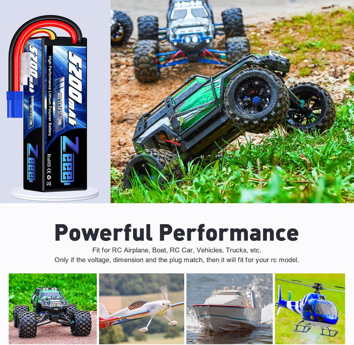 Zeee 3S Lipo Akku 5200mAh 11,1V 80C mit EC5 Stecker Hartschalen RC Akku für RC Car Boot LKW Hubschra