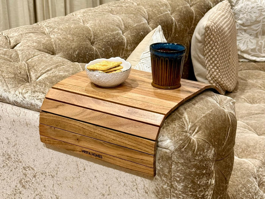 Vesta Homes Grosses Sofa-Armlehnentablett, handgefertigt aus Akazienholz, Flexibles und faltbares re